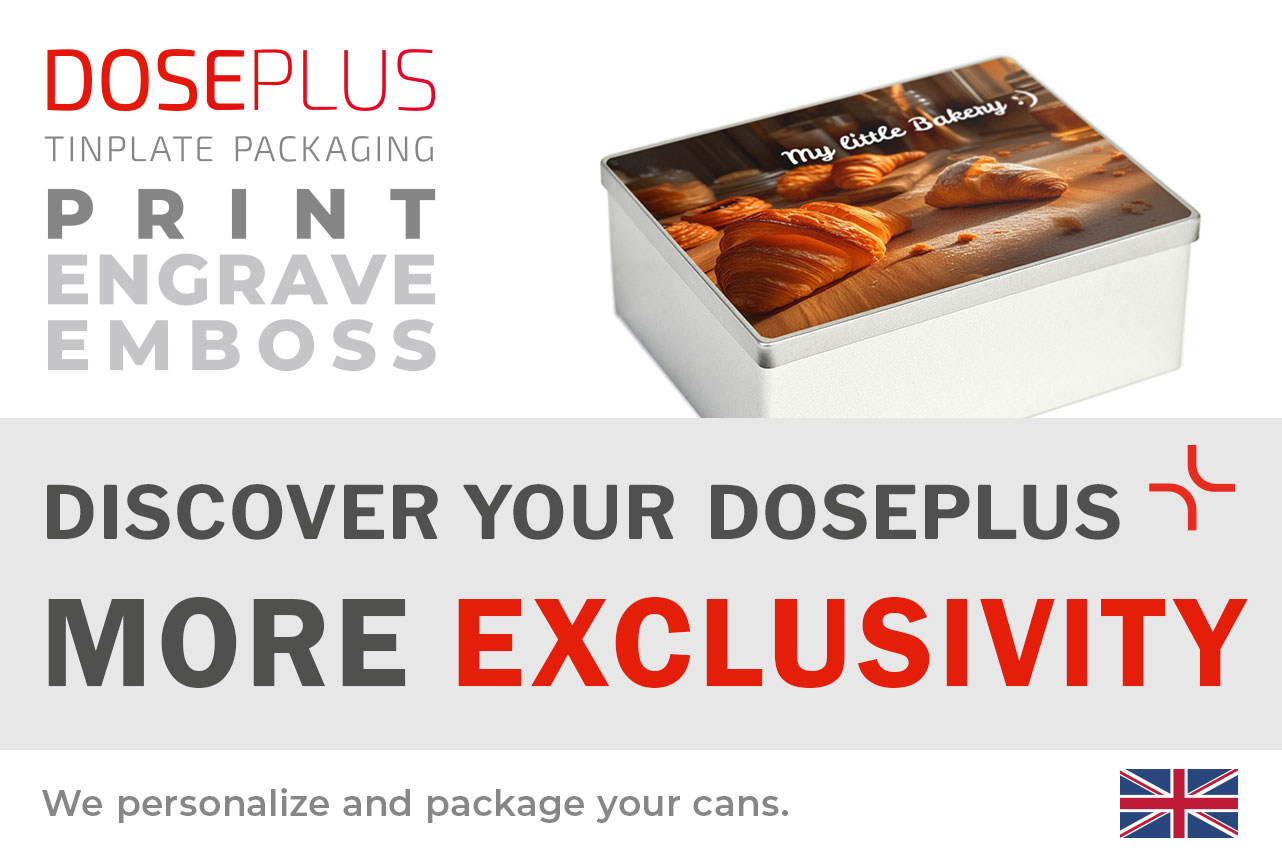 Doseplus silver rectangular metal tin with digital print showing croissants and the text “My little Bakery.” Text: “Emboss, laser, print – Discover your Doseplus, more exclusivity.”