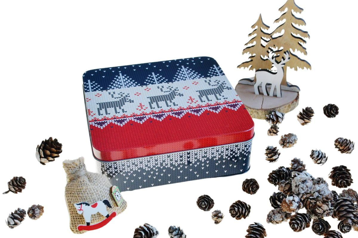 Weihnachtsgeschenkdose mit Rentiermotiven, dekorativ arrangiert als festliche Präsentation