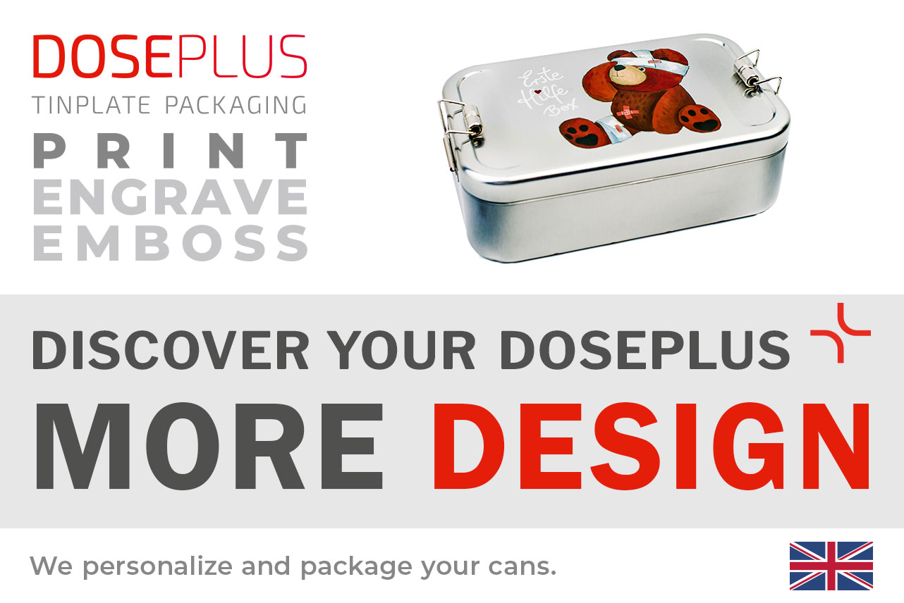 Doseplus metal lunchbox Classic Maxi – banner text: Discover your Doseplus, more design. Personalized metal packaging with embossing, engraving, and printing.