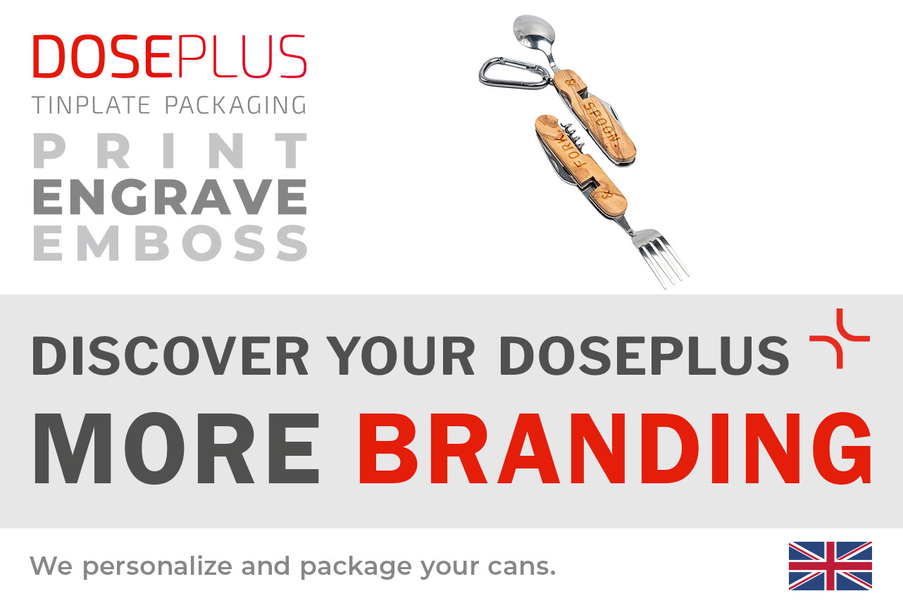 Outdoor cutlery BE 01 with olive wood handle – Banner: Discover your Doseplus – More Branding. Premium stainless-steel multifunctional cutlery with wooden handle for custom refinement.