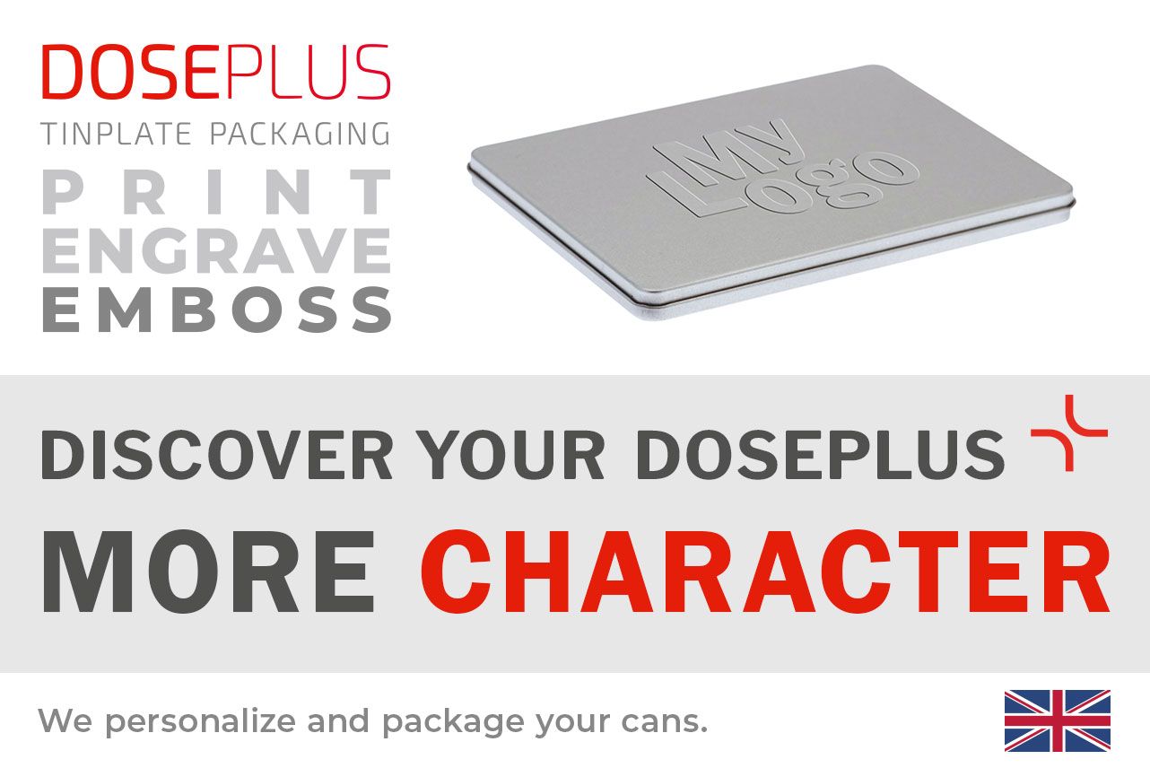 Doseplus A6 metal tin – banner text: Discover your Doseplus, more character. Elegant silver A6 tin with embossed surface for stylish and durable branding.