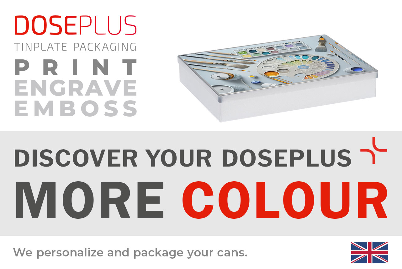 Doseplus silver rectangular metal tin with colorful printed design featuring brushes, palette, and watercolors. Text: “Emboss, laser, print – Discover your Doseplus, more color joy.”