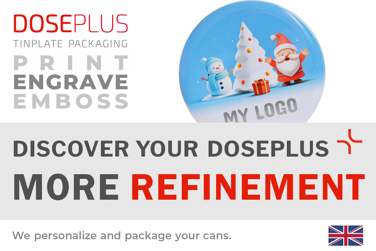 Doseplus WD 051 round Christmas tin with winter design and customizable logo area – banner text: “Discover your Doseplus – more refinement”. Premium metal packaging for branded corporate presentations.