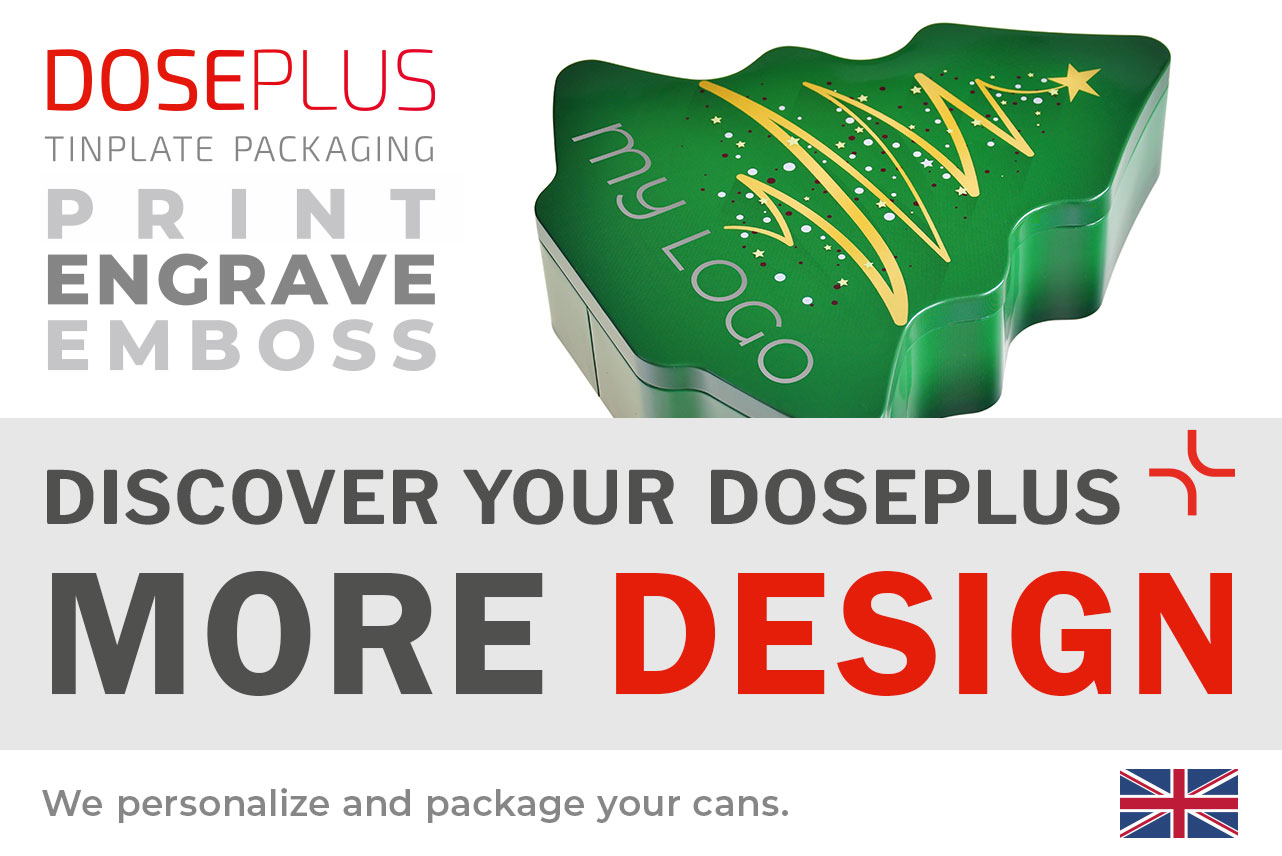 Green Christmas tree tin WD 050 from Doseplus with laser engraving – banner text: Discover your Doseplus – More Design. Festive tree-shaped metal tin for custom branding and product enhancement.