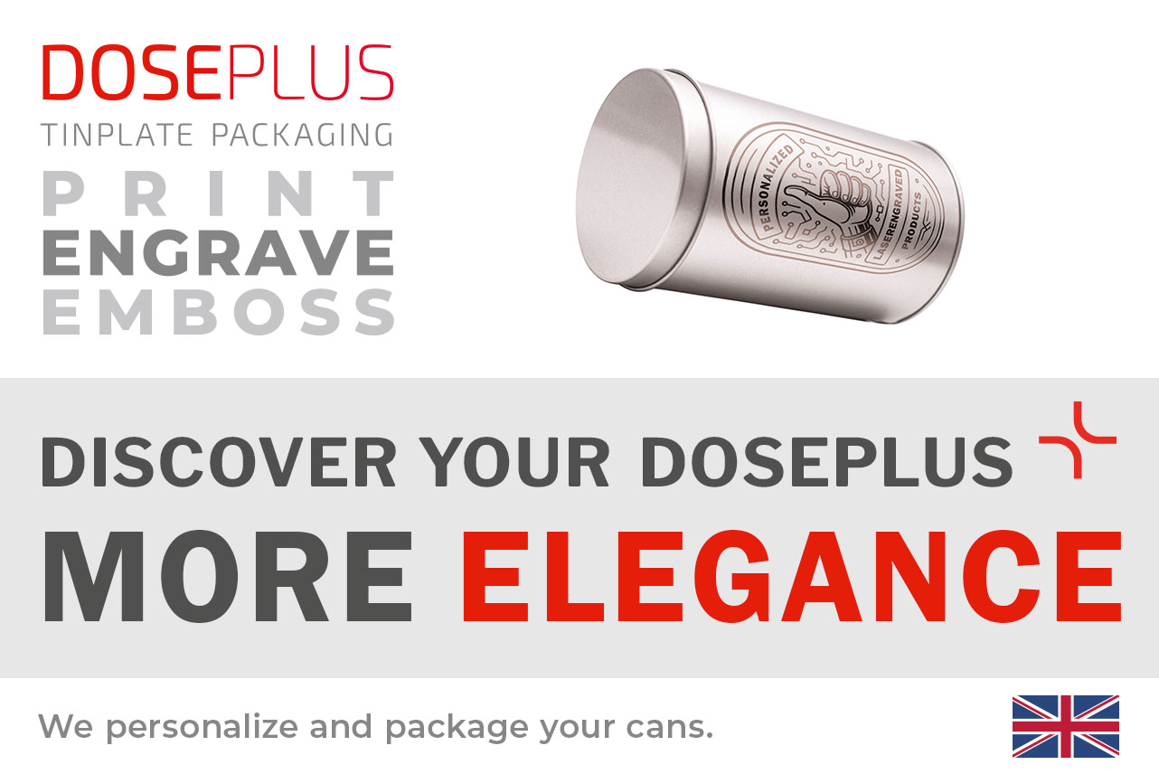Doseplus round metal gift tin – banner text: Discover your Doseplus, more elegance. Personalized metal tins with engraving, embossing, and printing.