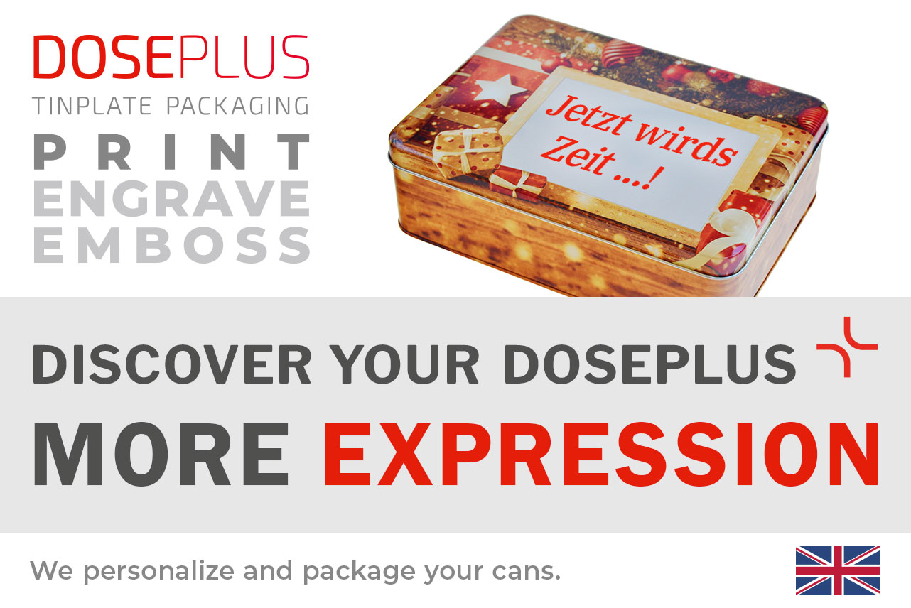 Doseplus metal tin with Christmas design – golden gifts, ribbons and ornaments, printed text “Now it’s time ...!”. Text: “Emboss, laser, print – Discover your Doseplus, more expression.”