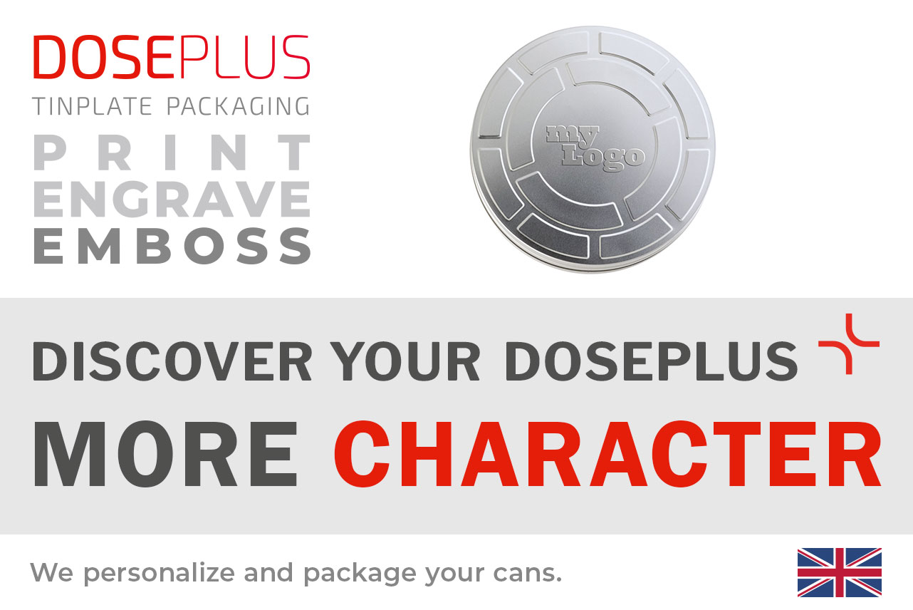 Round film tin FD 100 by Doseplus – Banner text: “Discover your Doseplus – more character.” Premium metal packaging suitable for custom printing, engraving and embossing.