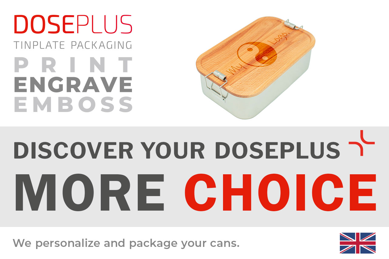 Stainless steel lunchbox CP BU C4 with bamboo lid – Banner: Discover your Doseplus – More Choice. Durable premium container suitable for custom engraving and branding.