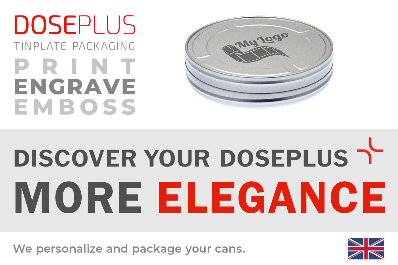 Round FD 015 film tin by Doseplus in silver – banner text: “Discover your Doseplus – more elegance”. Highlights available finishing options such as printing, engraving and embossing.