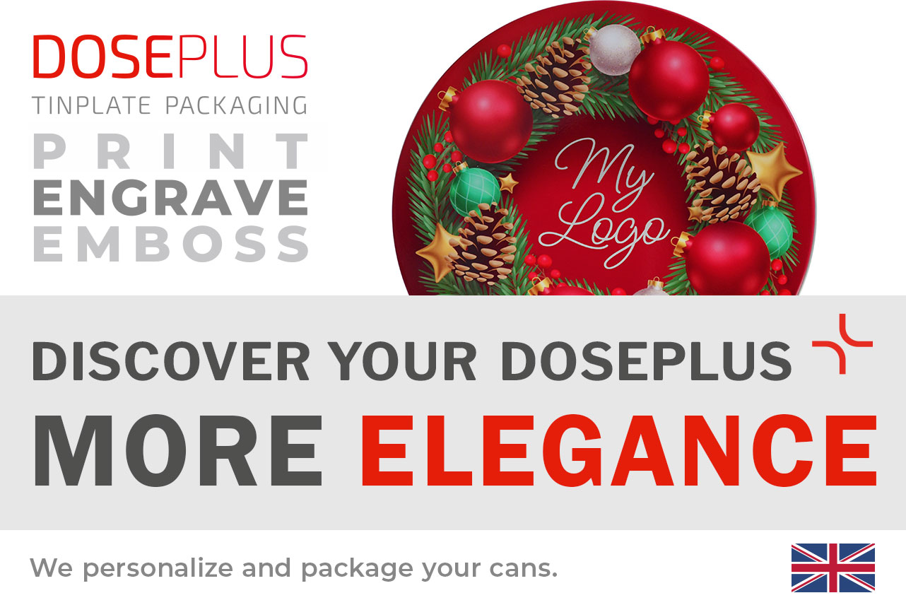 Doseplus WD 036 round Christmas tin with festive red ornament design – text: “Discover your Doseplus – More Elegance”. Premium metal packaging suitable for customized corporate finishing.