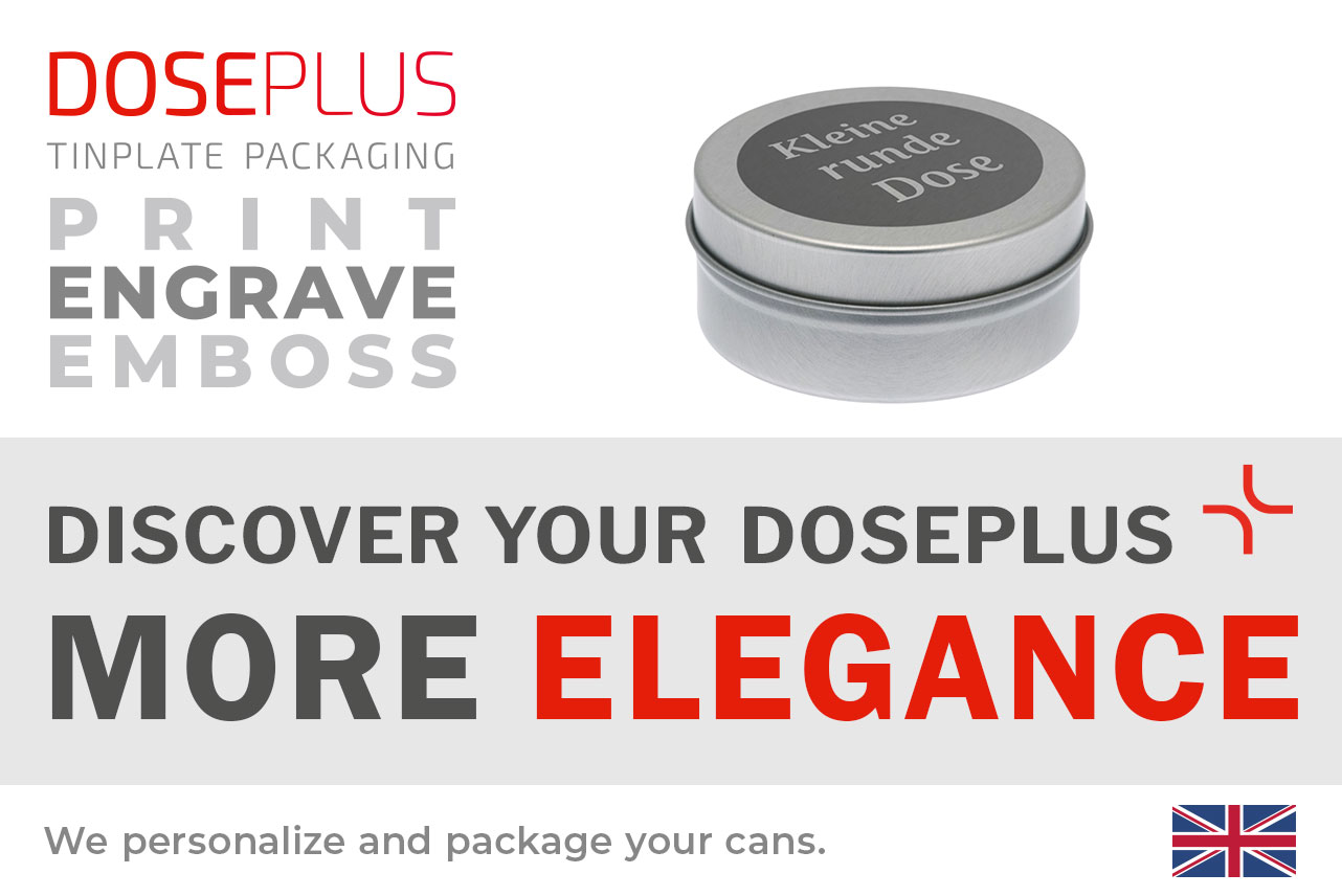 Doseplus small round silver metal tin with laser engraving “Kleine runde Dose” on the lid. Text: “Emboss, laser, print – Discover your Doseplus, more elegance.”