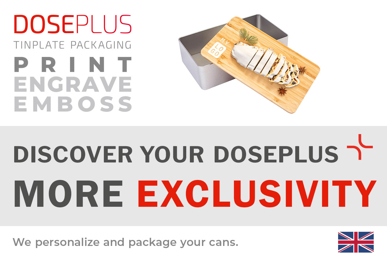 Doseplus DSE 031 rectangular tin with bamboo lid – banner: Discover your Doseplus, more exclusivity. Premium metal storage tin with natural bamboo top.