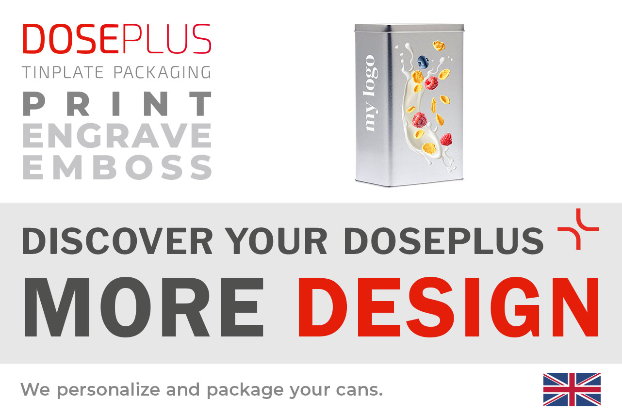 Rectangular metal hinge-lid tin DSE 12.8.20 – Banner: Discover your Doseplus – More Design. Premium storage tin ideal for customised branding and creative design.