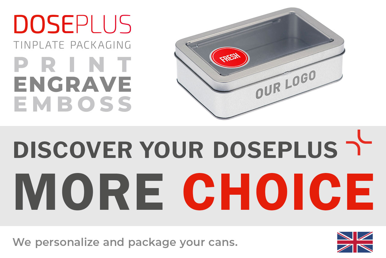 Doseplus silver rectangular metal tin with window lid, red sticker reading “FRESH” and side print “OUR LOGO.” Text: “Emboss, laser, print – Discover your Doseplus, more selection.”