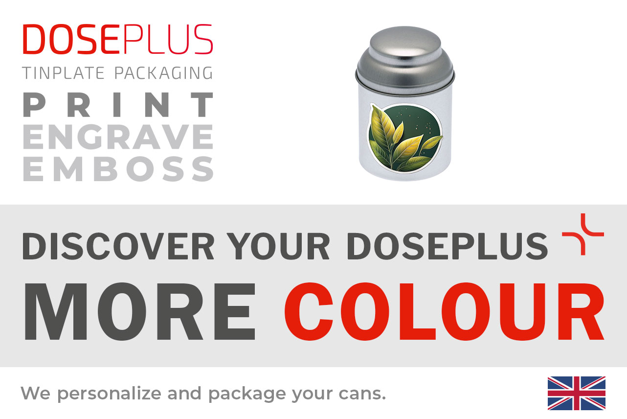 Doseplus tea tin DSR 65.95 – banner: Discover your Doseplus, more colour. Small round metal tin ideal for tea, herbs, spices or gifts.