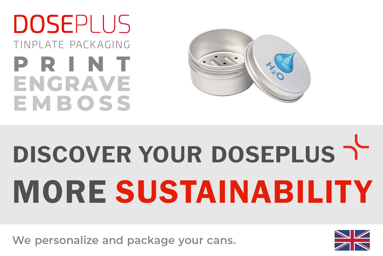 Doseplus round aluminium soap tin DSS-050 – banner text: Discover your Doseplus, more sustainability. Reusable metal tin for solid soap, travel, and eco-friendly care products.