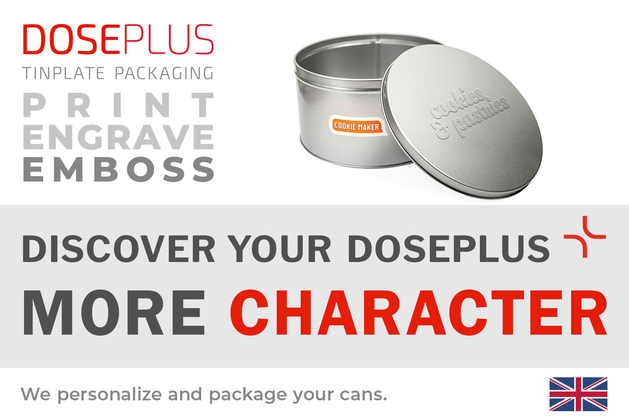 Doseplus round silver metal tin with embossed “cookies & pastries” lid and orange “COOKIE MAKER” label. Text: “Emboss, laser, print – Discover your Doseplus, more profile.”