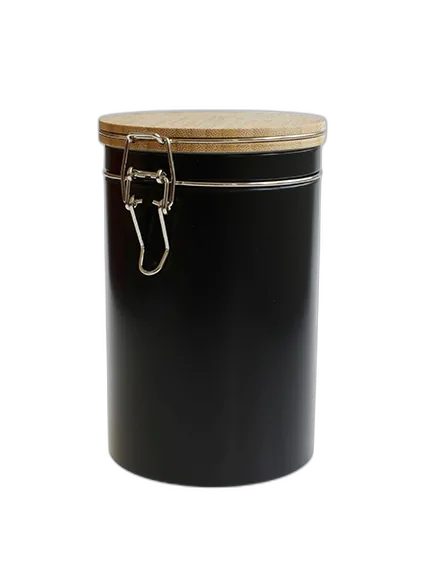 black storage tin with bamboo lid