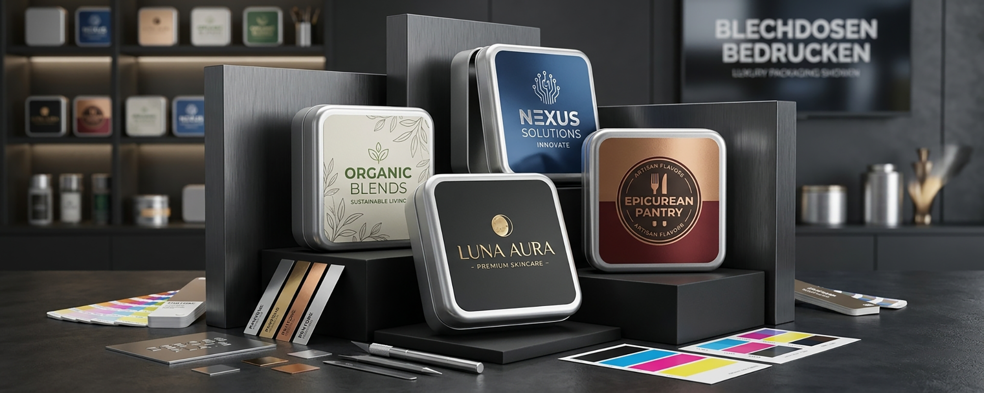 Bedruckte Metalldosen mit individuellen Designs in einem Verpackungs-Showroom; Farbfächer, Materialmuster und Druckvorlagen unterstreichen die Möglichkeiten der Veredelung.
