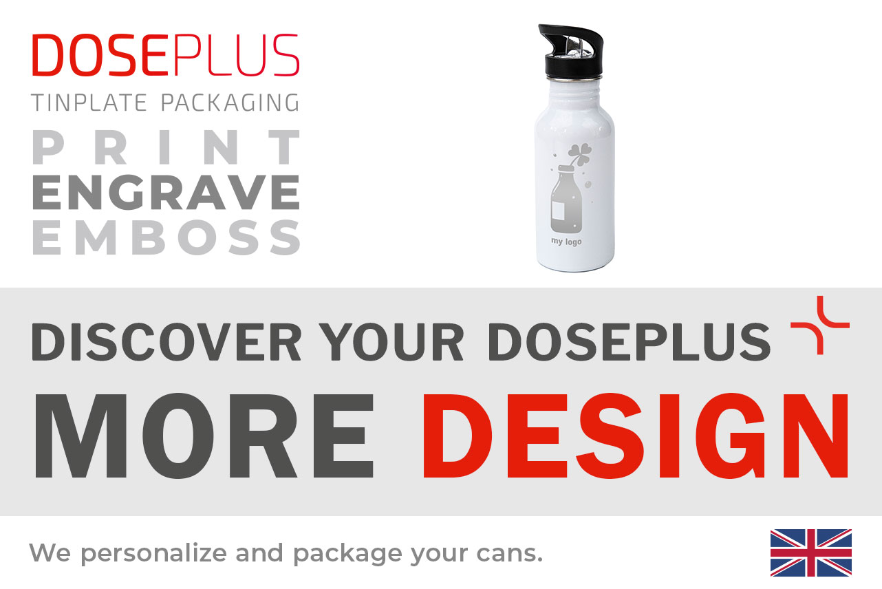 Stainless steel bottle TFL 025 by Doseplus – Banner text: Discover your Doseplus – More Design. Premium stainless steel promotional bottle suitable for printing, engraving and laser refinement.