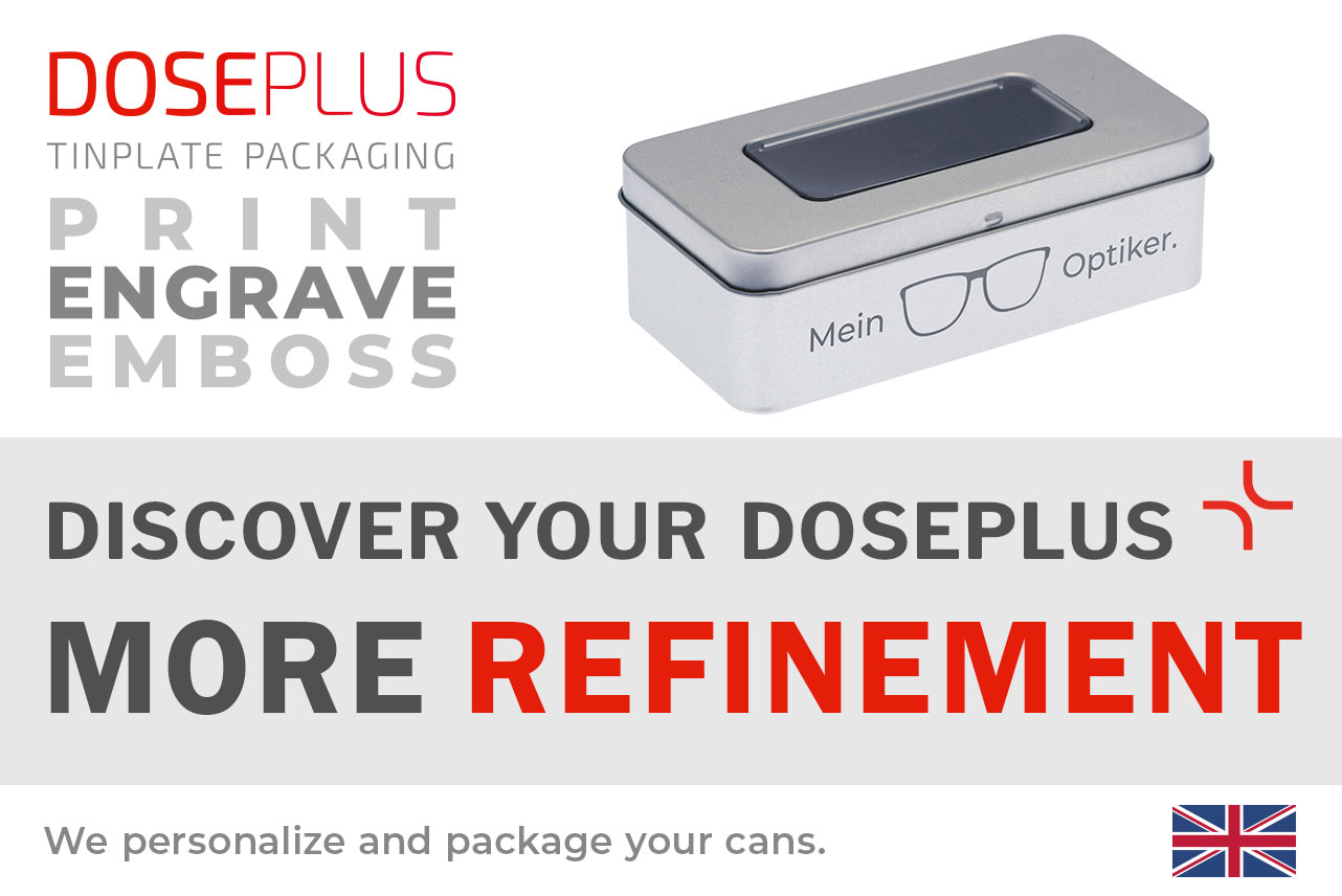 Doseplus silver rectangular metal tin with viewing window and laser engraving of eyeglasses icon and text “Mein Optiker.” Text: “Emboss, laser, print – Discover your Doseplus, more refinement.”