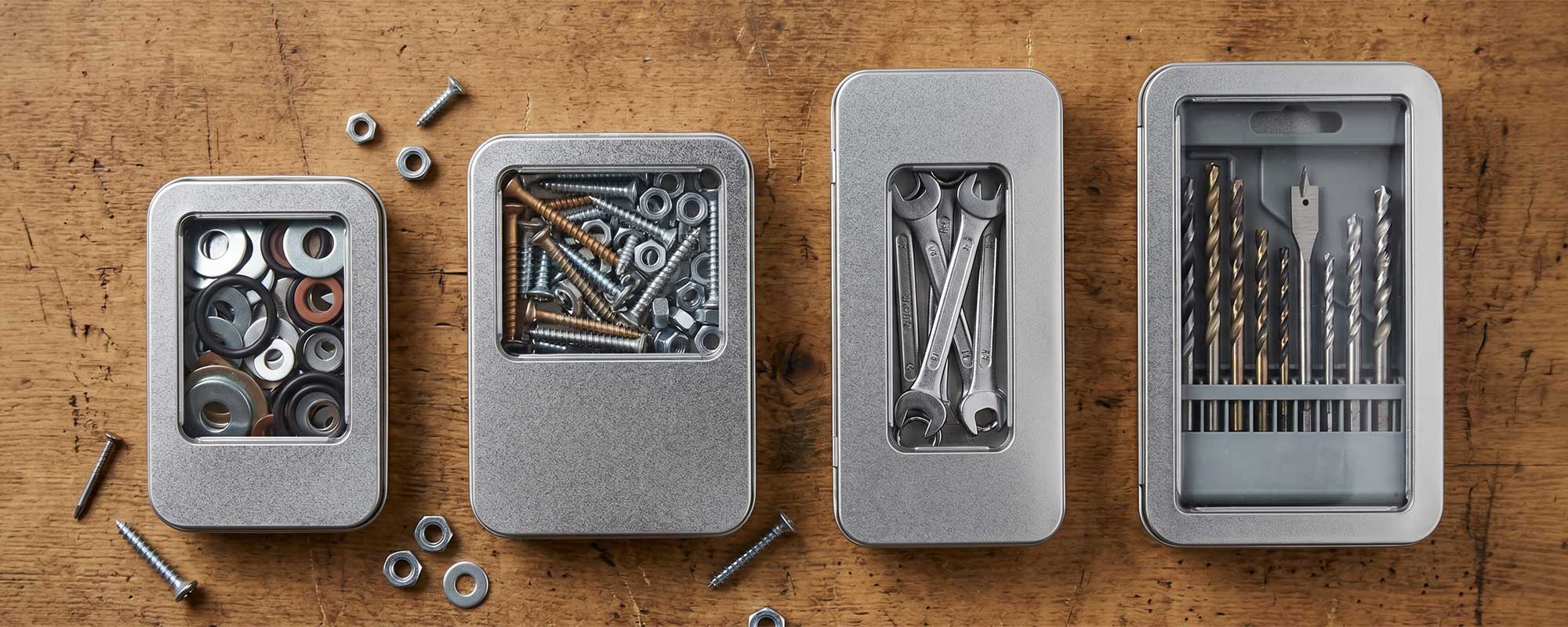 Vier Metalldosen mit Sichtfenster und verschiedenen Werkzeug-Sortierungen auf Holzoberfläche; Produktaufnahme mit Schrauben, Muttern, Unterlegscheiben, Schlüsseln und Bohrern.