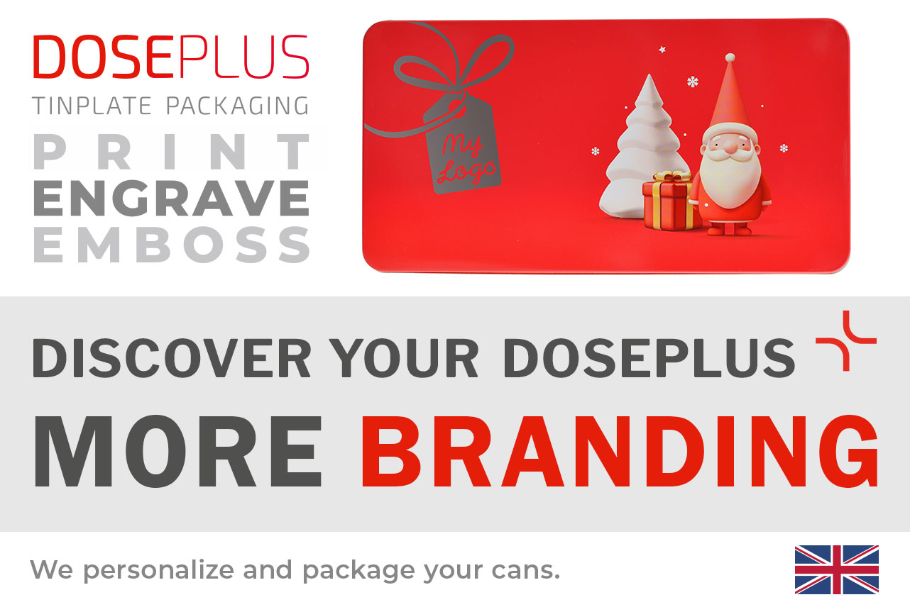 Doseplus WD 030 Christmas tin with red winter design and laser engraving. Banner text: Discover your Doseplus – more branding. Premium metal packaging for custom printing, engraving and embossing.