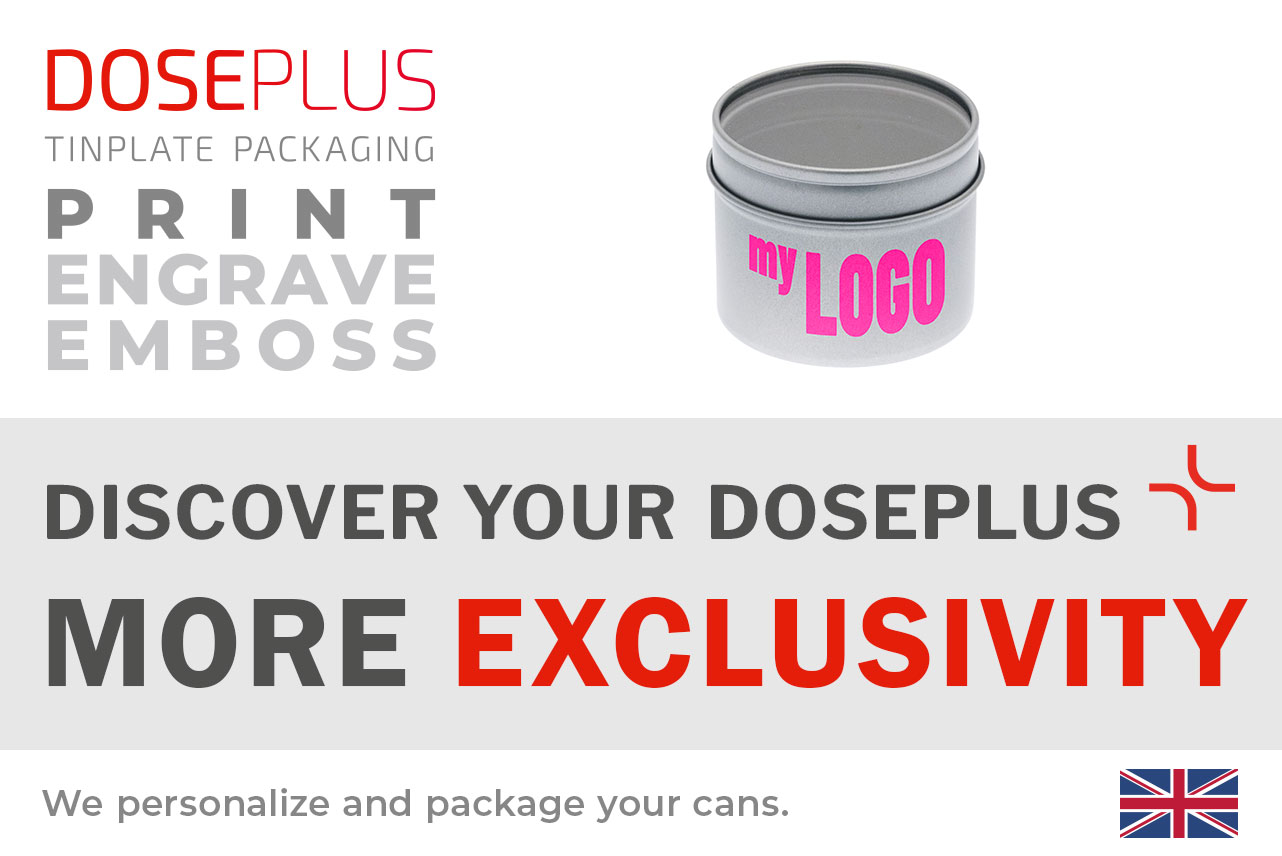 Doseplus round metal spice tin with window – banner text: Discover your Doseplus, more exclusivity. Elegant tin with engraving or printing for refined packaging and branding.