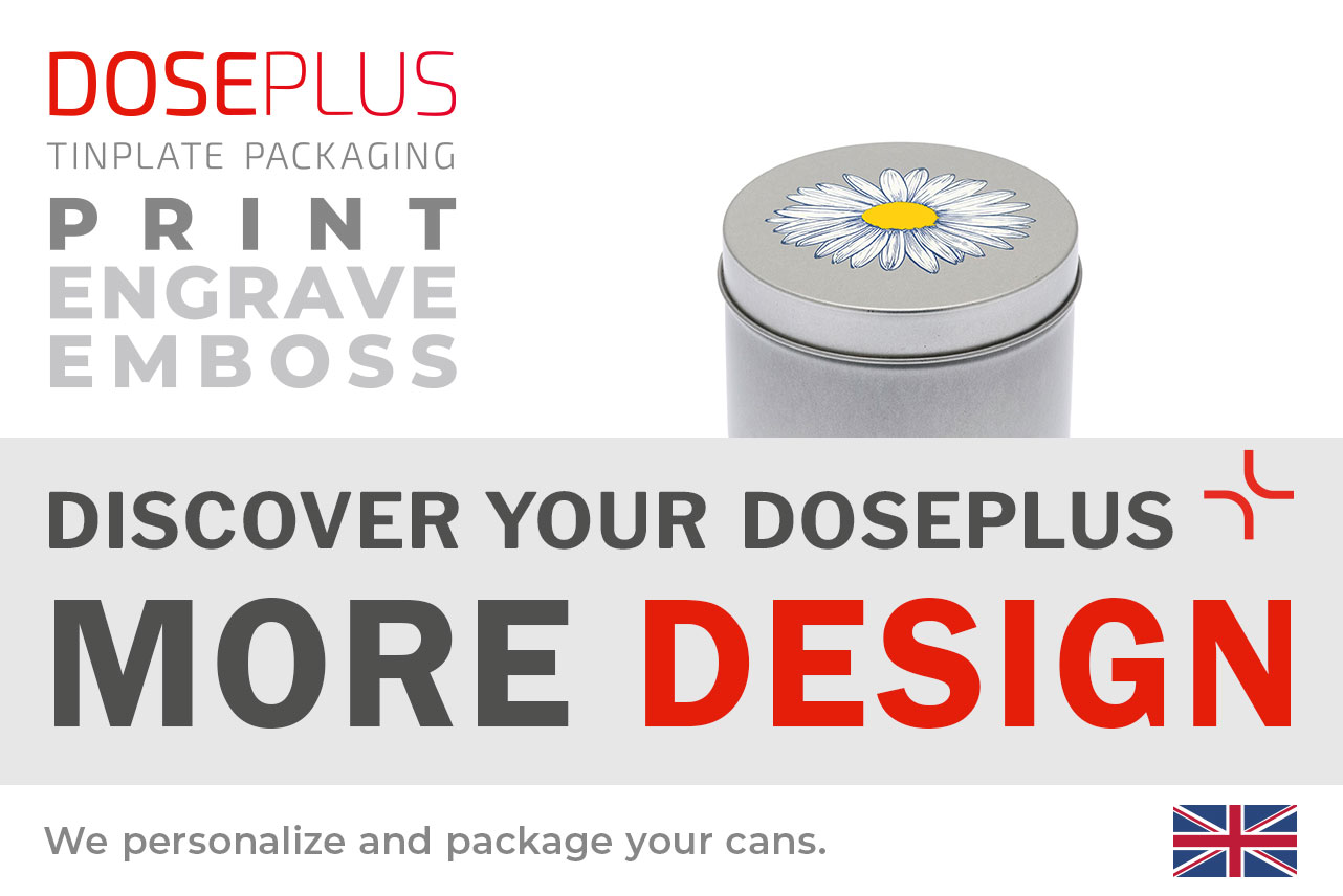 Doseplus round silver metal tin with colorful print of a white daisy on the lid. Text: “Emboss, laser, print – Discover your Doseplus, more design.”