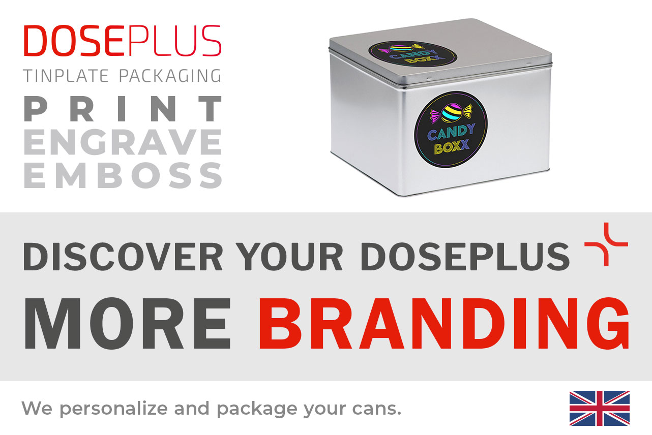 Doseplus silver square metal tin with colorful “CANDY BOXX” sticker and candy logo on lid and front. Text: “Emboss, laser, print – Discover your Doseplus, more branding.”