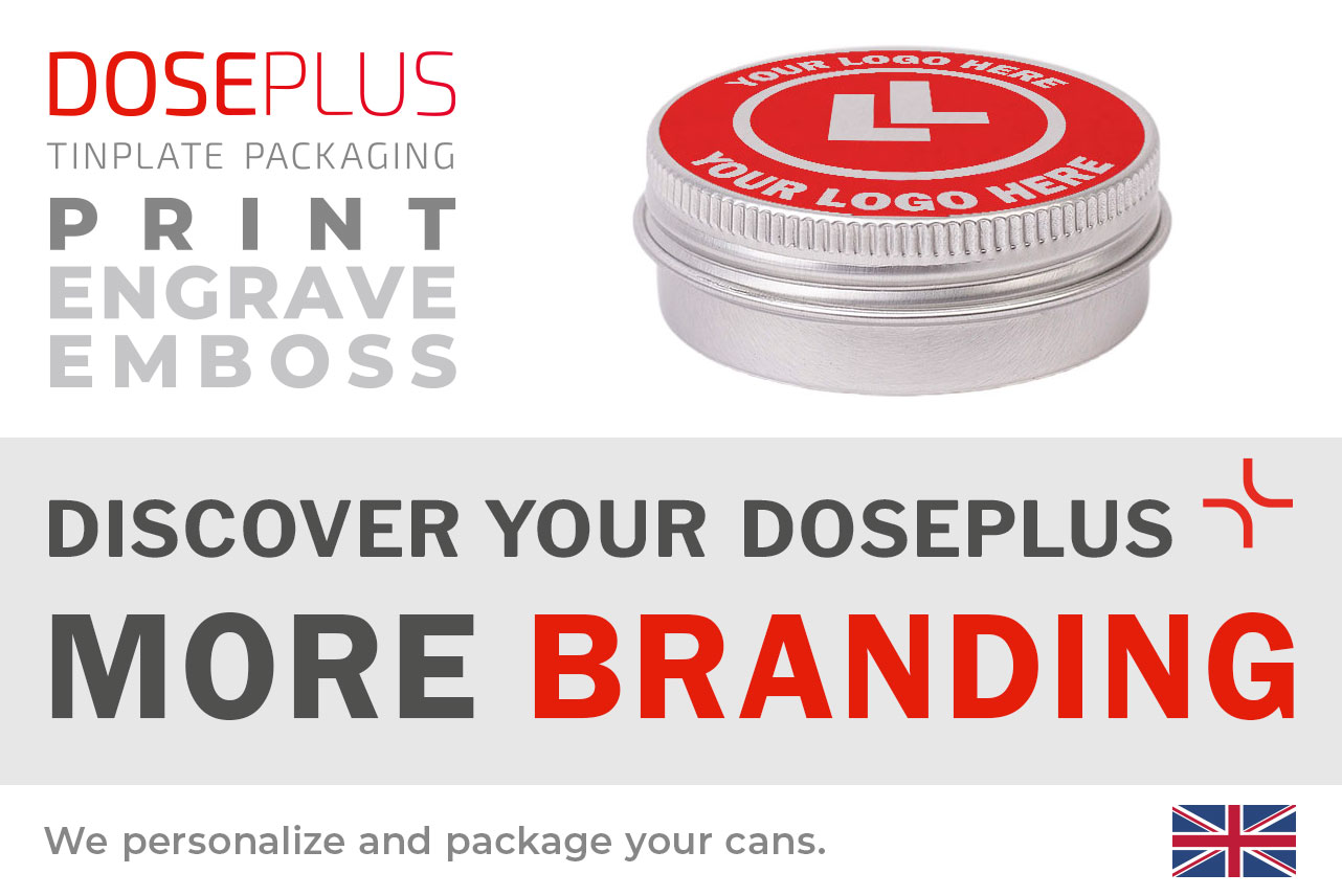 Doseplus aluminium screw-top tin – banner text: Discover your Doseplus, more branding. Custom metal packaging with embossing, laser engraving, and printing.