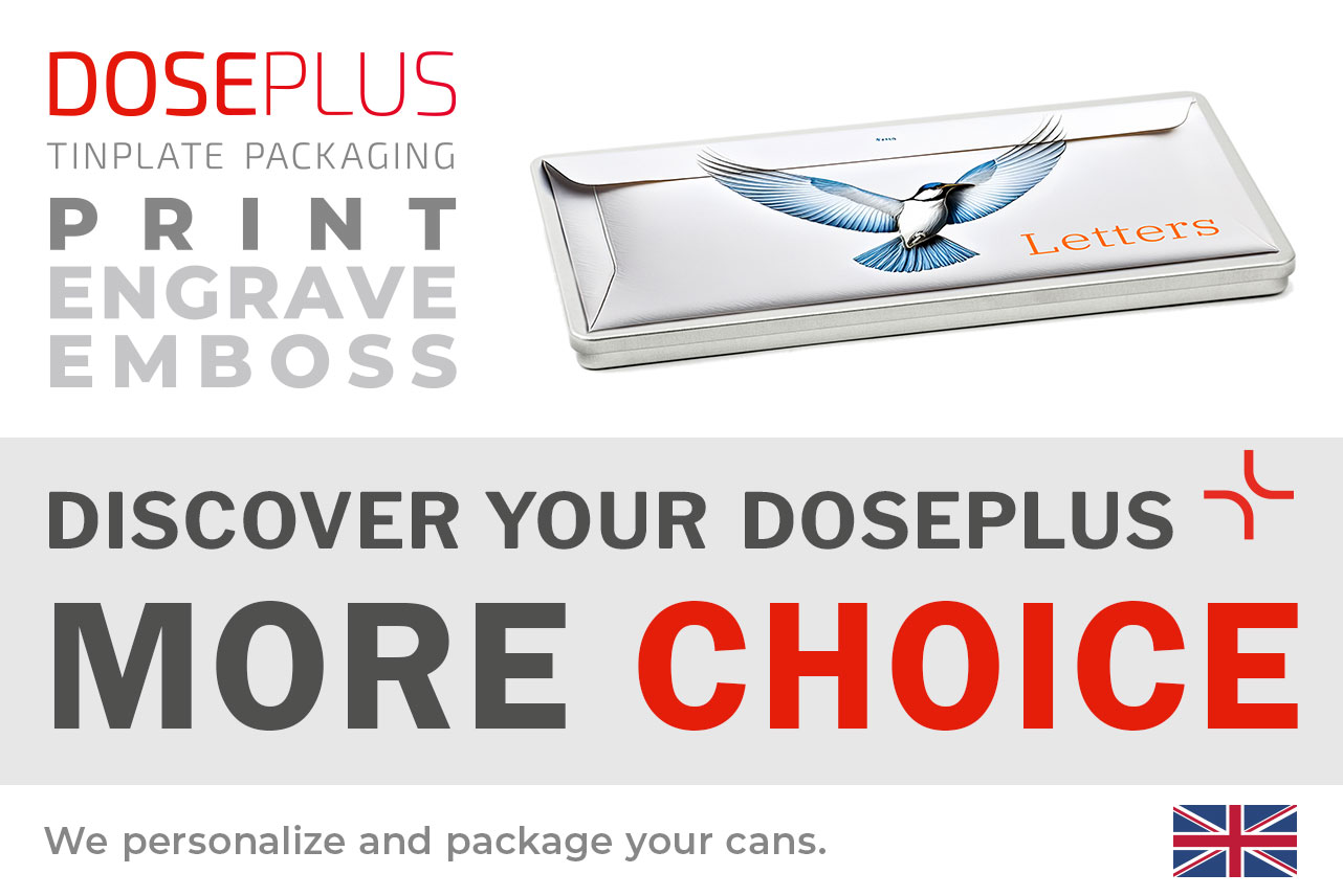 Doseplus flat rectangular metal tin in DIN long format with printed flying bird and the word “Letters.” Text: “Emboss, laser, print – Discover your Doseplus, more variety.”