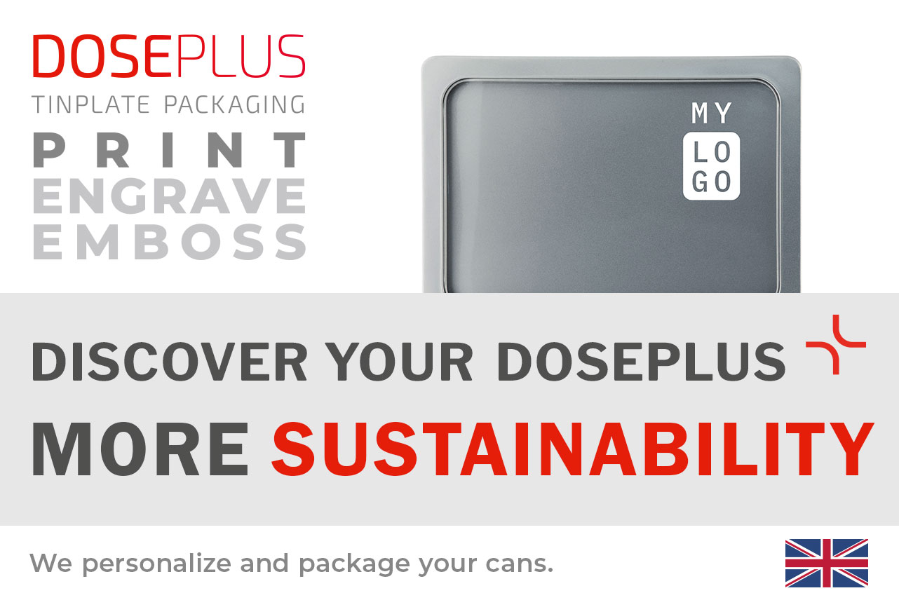 Doseplus grey rectangular metal tin with minimalist engraving “MY LOGO.” Text: “Emboss, laser, print – Discover your Doseplus, more sustainability.”