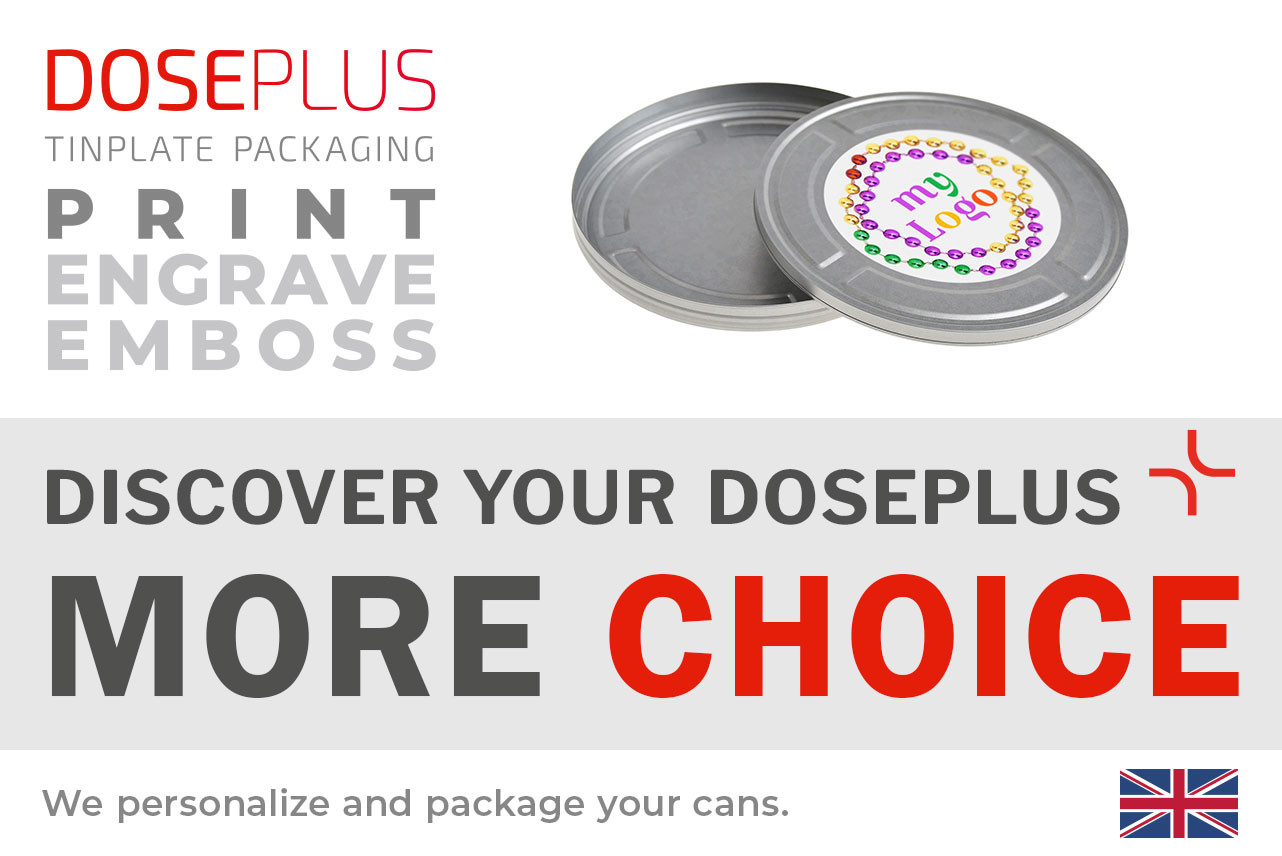 Round FD 020 memory tin by Doseplus with customizable surface for print, engraving and embossing. Banner reads: “Discover your Doseplus – more choice”. Premium metal packaging for B2B branding.