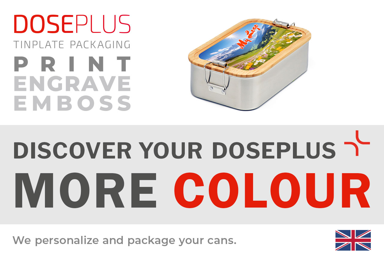 Stainless steel lunchbox CP SA 10 with bamboo lid – Banner: Discover your Doseplus – More Colour. Colourful SafeMax lunchbox ideal for engraving and custom branding.