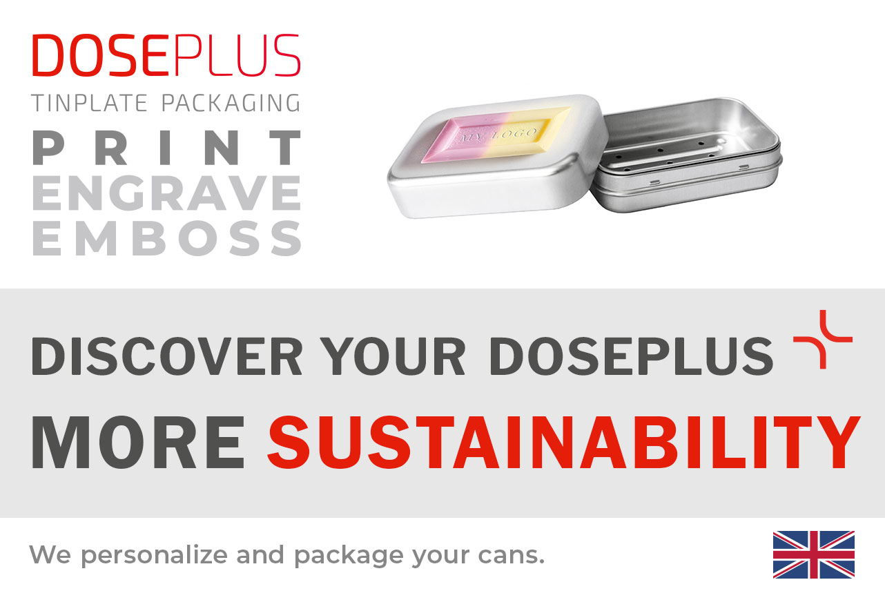 Doseplus aluminium soap tin DSS-025 with drip tray – banner text: Discover your Doseplus, more sustainability. Reusable metal tin for solid soap and eco-friendly personal care.
