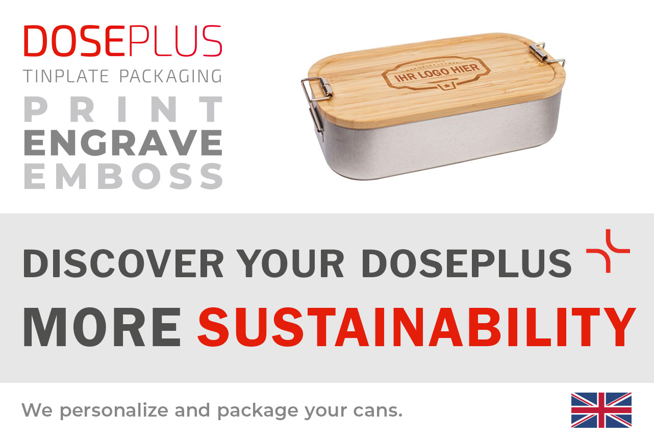 Doseplus stainless steel lunchbox with bamboo lid – banner text: Discover your Doseplus, more sustainability. Eco-friendly metal packaging with engraving, embossing, and printing.