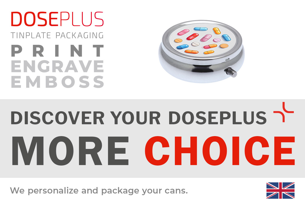 Doseplus round metal pill box – banner text: Discover your Doseplus, more choice. Elegant and customizable pill tin with printed design for unique branding or gifts.