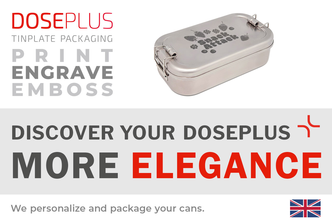 Rectangular stainless steel lunchbox CP ES C3 – Banner: Discover your Doseplus – More Elegance. Premium metal storage box suitable for personalised engraving and branding.