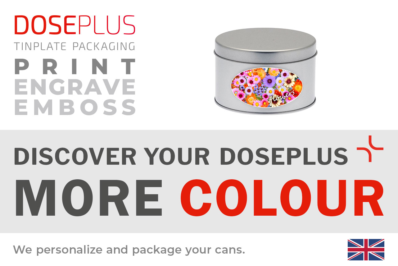 Doseplus Metallverpackungen – runde Metalldose mit farbenfrohem Aufkleber und individuellem Design