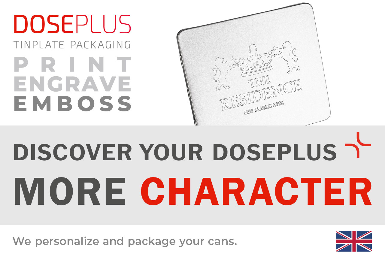 Doseplus rectangular silver metal tin with embossed design featuring a crown, two lions, and the text “The Residence – New Classic Rock.” Text: “Emboss, laser, print – Discover your Doseplus, more profile.”