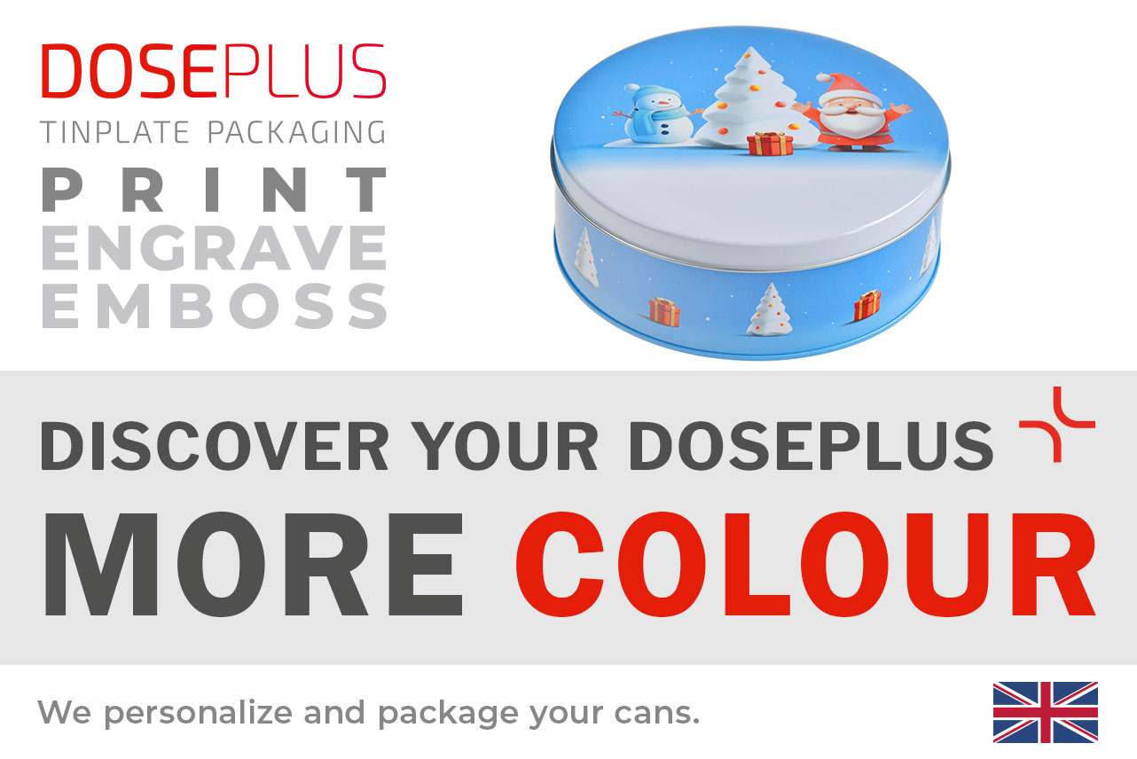 Doseplus round metal tin with Christmas design – snowman, Santa Claus and Christmas tree with presents on a light blue background. Text: “Emboss, laser, print – Discover your Doseplus, more color joy.”