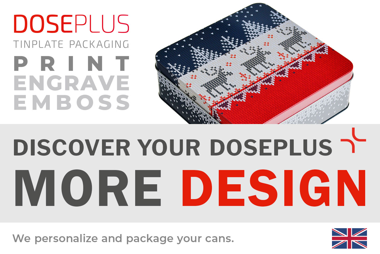 Doseplus square metal tin with knitted pattern design in red, blue and white, featuring reindeer and trees. Text: “Emboss, laser, print – Discover your Doseplus, more design.”