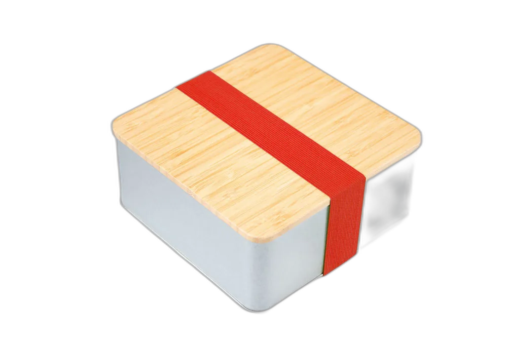 Cookie tin with bamboo lid and stylish elastic colorband