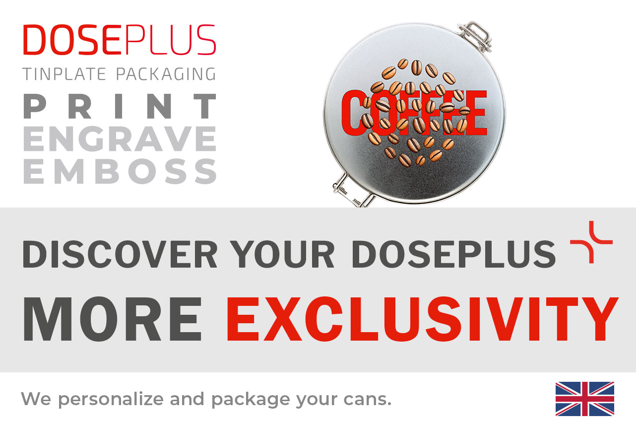 Round coffee tin DSA 025 by Doseplus – Banner: Discover your Doseplus – More Exclusivity. Premium metal container designed for customised branding and finishing.