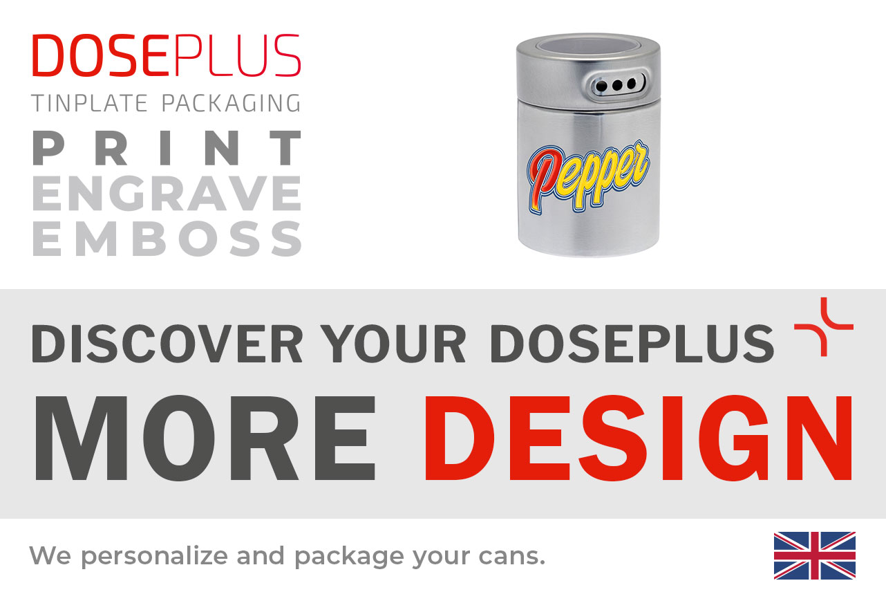 Doseplus metal spice shaker – banner text: Discover your Doseplus, more design. Elegant stainless steel shaker with engraving or printing for stylish product branding.