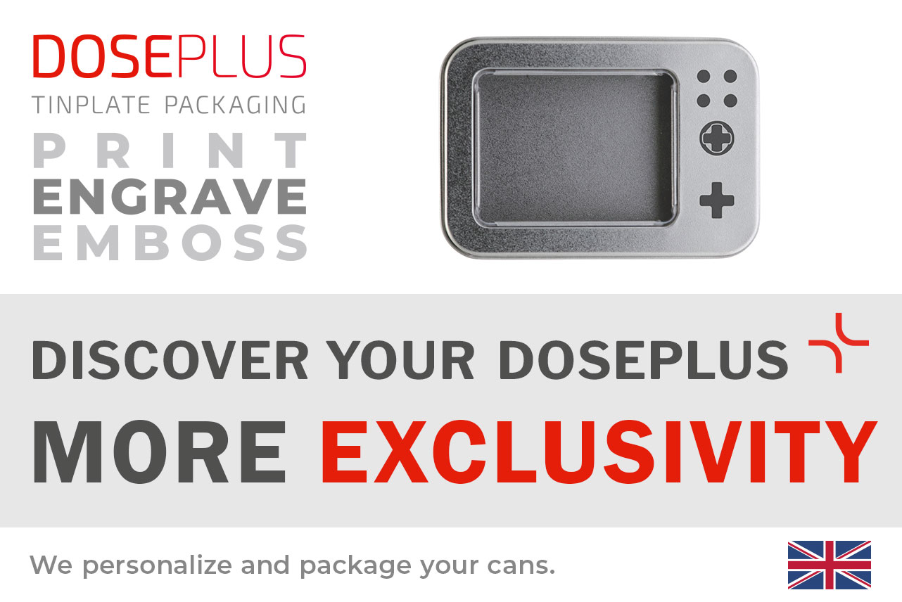 Doseplus small metal tin with window – banner text: Discover your Doseplus, more exclusivity. Premium tin box with engraving, embossing, and printing for elegant branding.