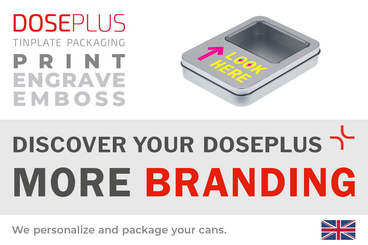 Doseplus rectangular metal tin with window – banner text: Discover your Doseplus, more branding. Premium customizable tin with printing, engraving, and embossing for strong brand identity.