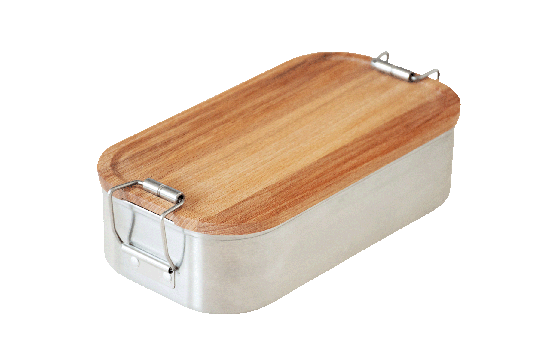 Robuste Edelstahl Brotdose & Lunchbox mit Deckel aus europäischem Buchenholz