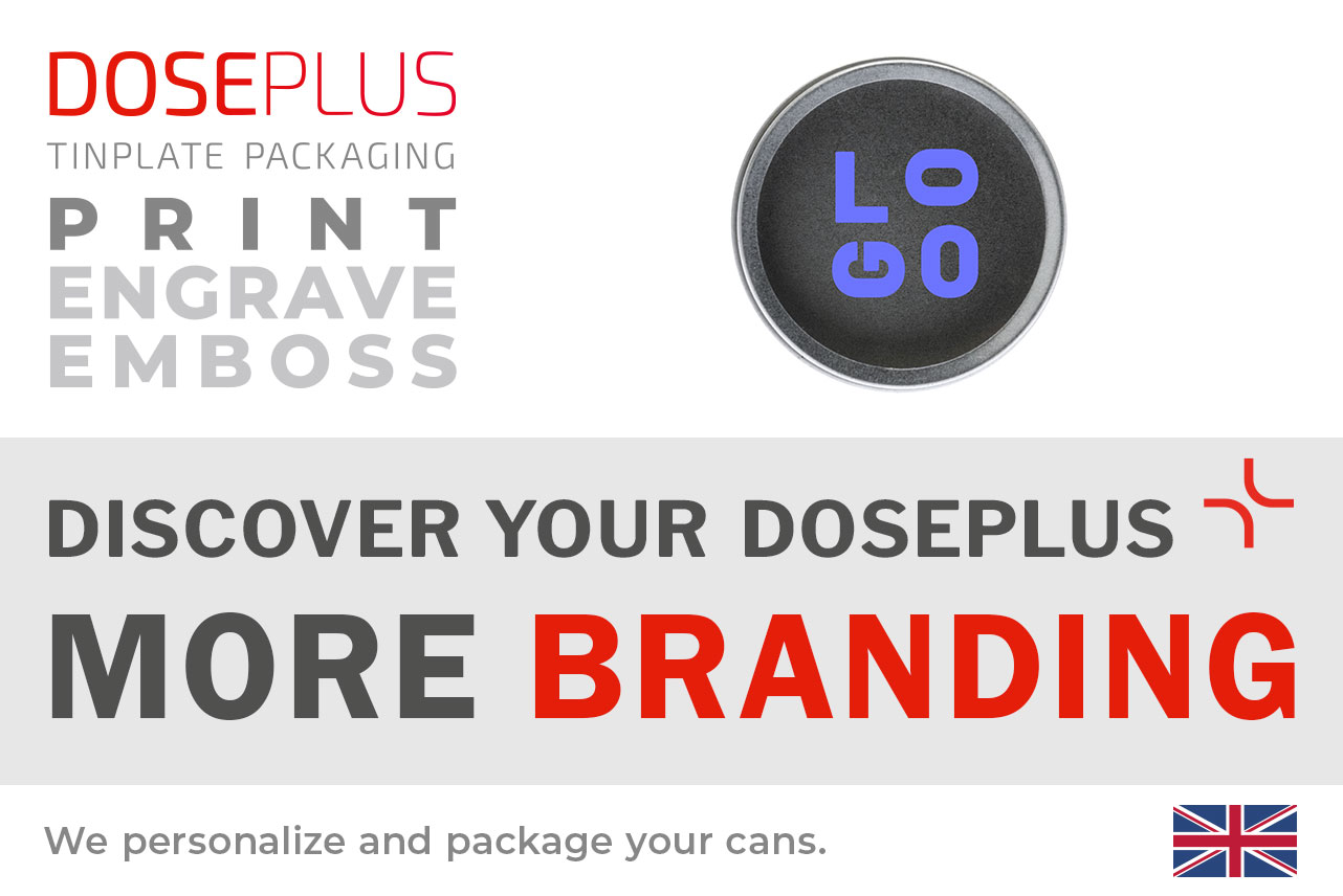 Doseplus round metal screw lid tin with window – banner text: Discover your Doseplus, more branding. Premium customizable tin with printing, engraving, and embossing for your brand image.